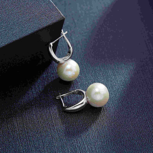 10MM Shell Pearl Earrings Elegant Silver Hoop with White Pearl Silver Pin