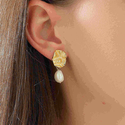 7-9mm AAA Freshwater Baroque Earrings Gold Coin with Real Pearl Drop Earrings Silver Pin