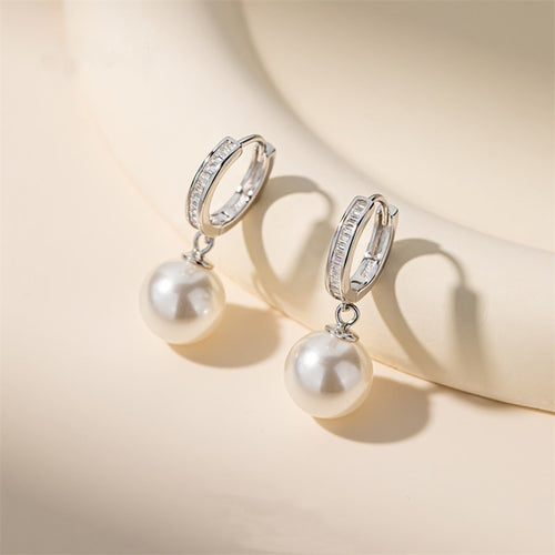 Pearl Drop Silver Hoop Earrings Crystal and Pearl Dangle Earrings with S925 Silver Pin