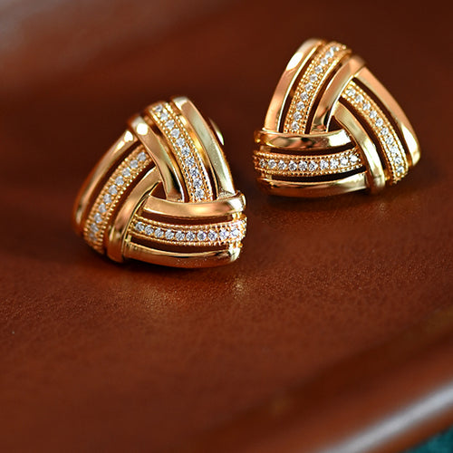 Vintage Style Gold Triangle Earrings with Diamond Line S925 Silver Pin