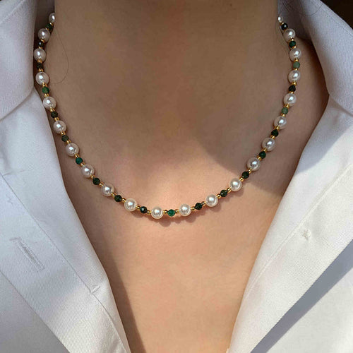 Shell Pearl with Natural Green Stone Necklace Double Layer Necklace