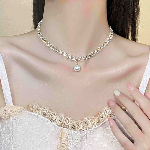 Sweet Pearl Chocker Petite MlutiStrand Pearl Chain and Pearl Drop Necklace 40cm