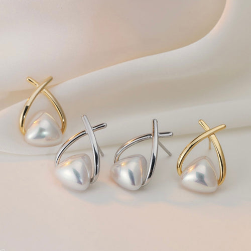 Triangle Pearl Earrings | X Shaped Shell Pearl Moonstone Earrings with Sterling Silver Pins