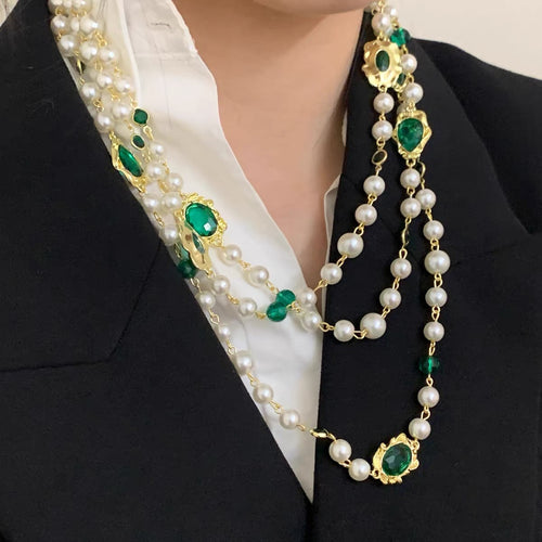 Green Crystal and Shell Pearl Long Necklace Glass and Pearl Dress Chain Sweater Chain