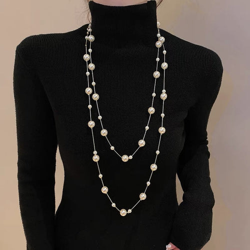 Super Long Shell Pearl Necklace Multicolor Big and Small Pearl Chain for Dress and Sweater