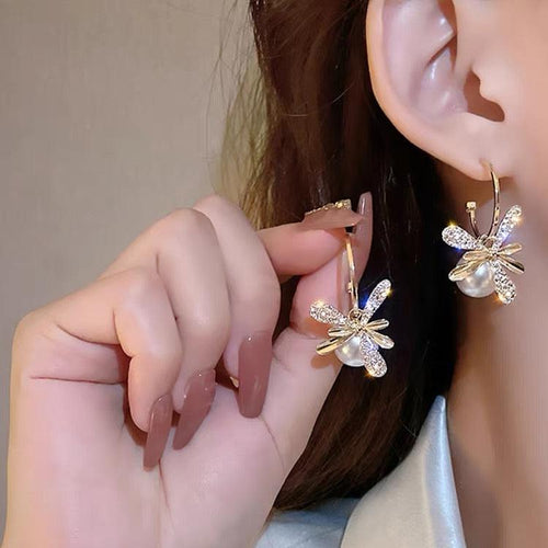 14K Gold Flower 12MM Pearl Zircon Stud Drop Earrings Women Wedding Bride Jewelry Gift S925 Silver Pin