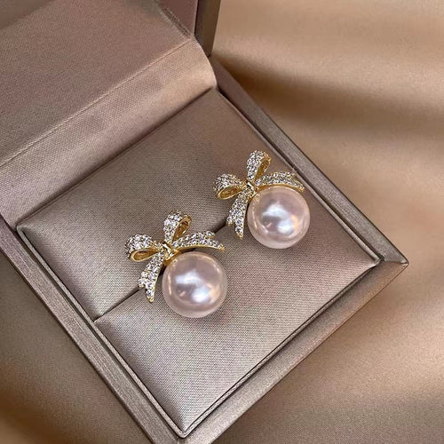 Bow-knot Pearl Earrings Pearl Drop Earrings for Girls Crystal Bow Tie Earrings with Silver Pin