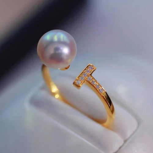 7-8mm AAA Freshwater Pearl Ring T Shape Crystal High Luster Pearl Ring Adjustable Size