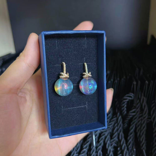 Hyun Color Black Moonstone Drop Earrings Gold Opal Shine Drop Earrings with Silver Pin