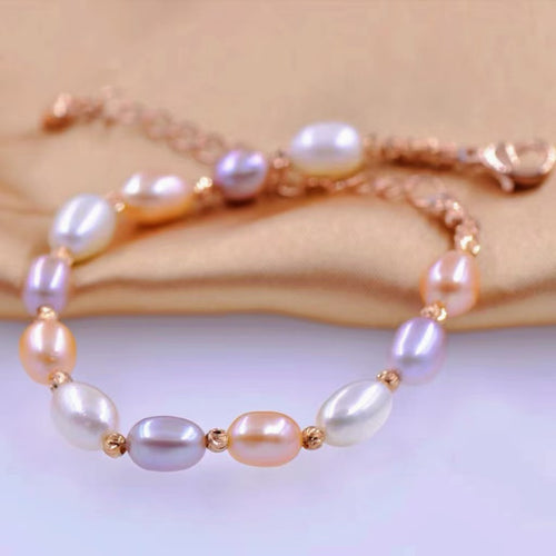 9-10mm Colourful Real Freshwater Baroque Pearl Bracelet in Rose Gold Over Sterling Silver Clasp