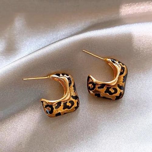 Leopard Print Hoop Earrings Gold Chunky Designed Earrings Silver Pin