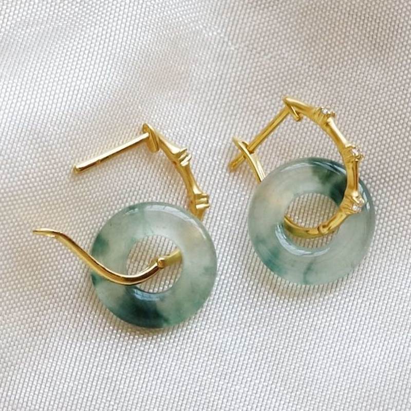 Green Jade Drop Earrings Gold Bamboo Hoop with Chalcedony Drop Silver ...