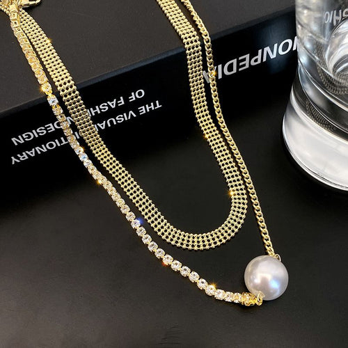 【Crazy Deal】13MM Pearl Pendant Necklace | Gold Double Chain Clavicle Chain | Crystal Chain and 14K Gold Plated