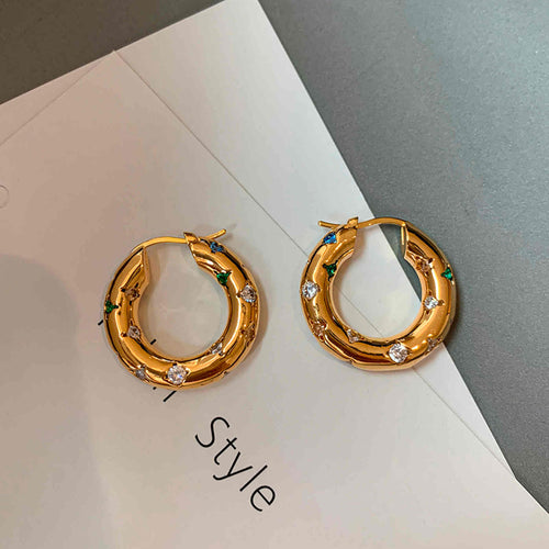 Star Shine Gold Goop Earrings Crystal Gold Chunky Hoop Earrings with Silver Pin