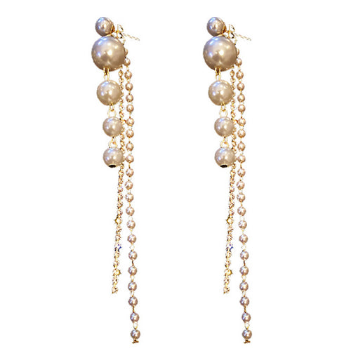 Long Tassel Earrings Pearl and Crystal Drop Line Earrings with Silver Pin