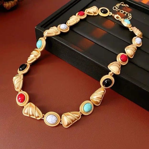 18K Gold Plated Color Stone Necklace and Earrings Luxury Vintage Style Gold Necklace