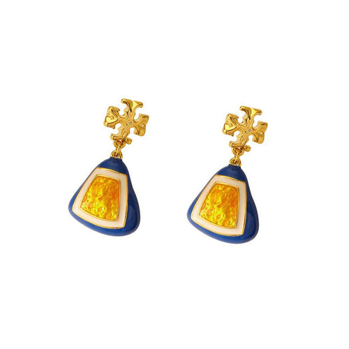 Gold Flower Earring The Vintage Triangle and Square Earring Drops Blue Oil Drop Earrings Drops with S925 Silver Pin