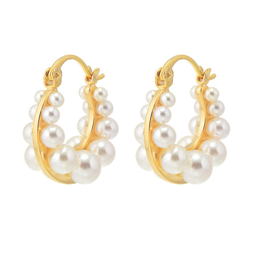 Shell Pearl Hoop Earrings Gold Earring Hoop with White Pearls and Silver Pins