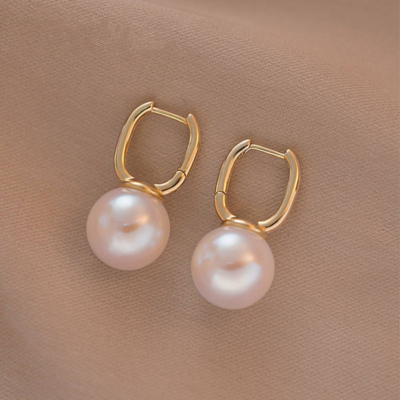 14K Gold Plated 10MM Pearl Drop Earrings Oval Elegant Pearl Hoop