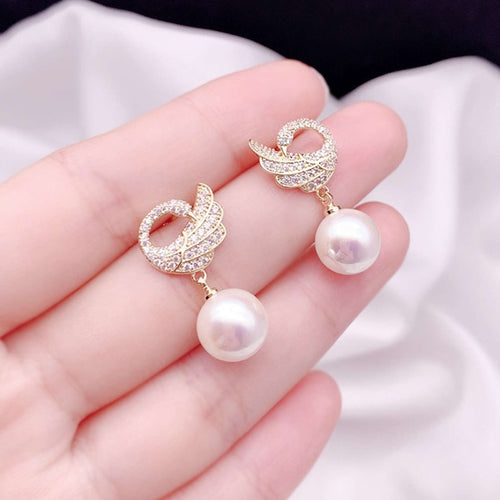 Swan Pearl Drop Earrings Crystal Swan with White Round Pearl Earrings Silver Pin and Clip