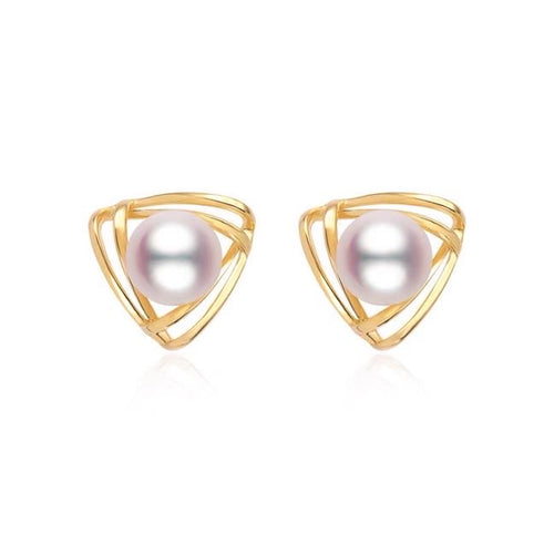 AAA Freshwater Earring Studs Gold and Silver Triangle Earrings Silver Pin (6-8mm Pearl)