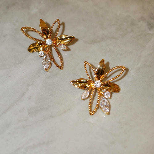 Gold Flower Stud Earrings Chic Crystal Lily Earrings Studs with S925 Silver Pin