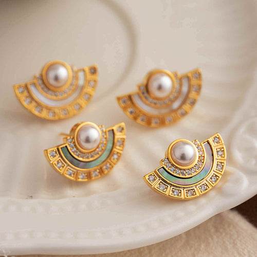 Fan Shaped Stud Earrings Vintage Style Shell Pearl Gold Earrings Silver Pin