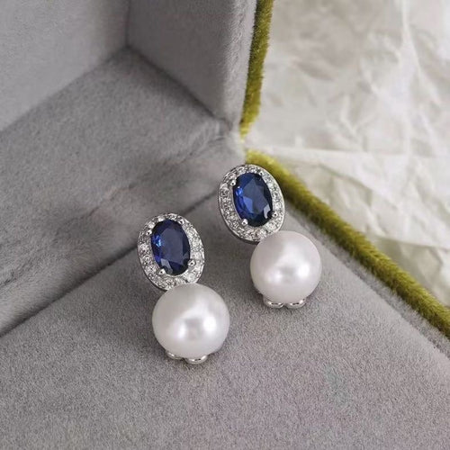 Blue Diamond AAAA Real Pearl Drop Earrings 8-9mm Freshwater Pearl Dangle Earrings with s925 Silver Pin