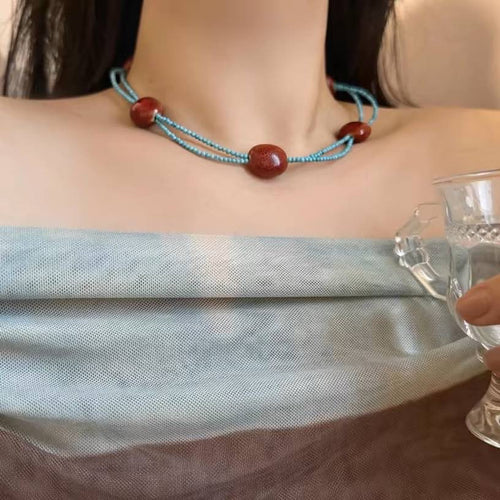 Multi Strand Turquoise Necklace Designed Natural Red Stone with Turquoise 2 Strands Chain 18 inch