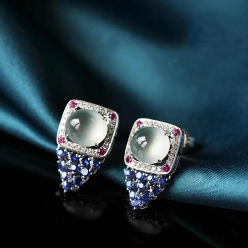 Pendientes de borla de cristal azul con piedra lunar, pendientes estilo dinero antiguo con pasador de plata