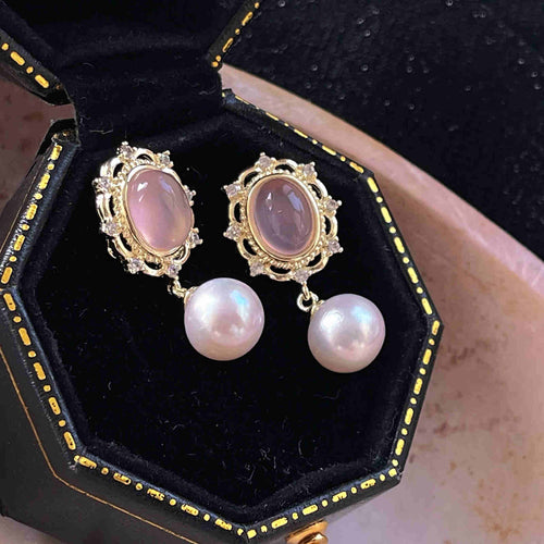 Pendientes colgantes de perlas de agua dulce Estilo vintage Piedra rosa Pendientes colgantes de perlas reales Pin de plata