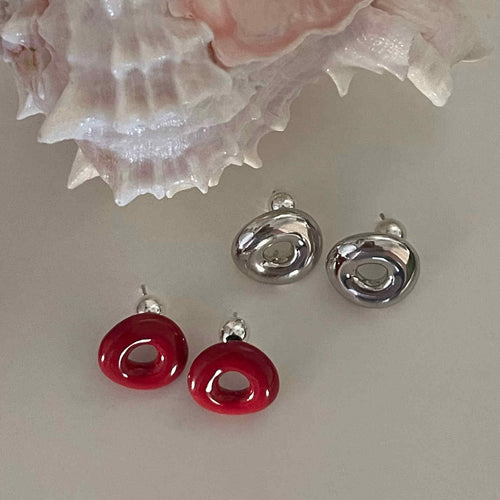 Donut Stud Earrings Red and Silver Chill Earring Studs with Silver Pin