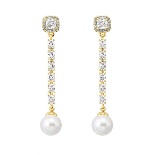 Long Pearl Drop Earrings Crystal Line Tassel Earrings with Pearl Drop and S925 Silver Pin