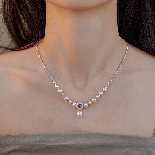 Freshwater Pearl Necklace Aquamarine and Pearl Pendant Necklace Sparkling Silver Chain 45cm