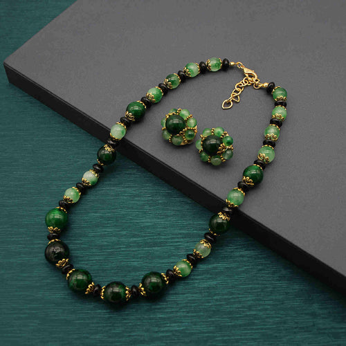 Vintage Style Necklace Natural Green Stone Necklace and Earrings Set