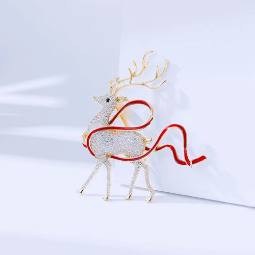 Crystal Elk Brooch Pin Deer Wearing Red Ribbon Christmas Brooch Pin