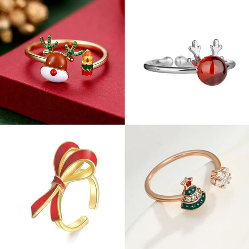 Designed Christmas Rings Red Bowknot Deer Xmas Tree Gold and Silver Rings Adjustable