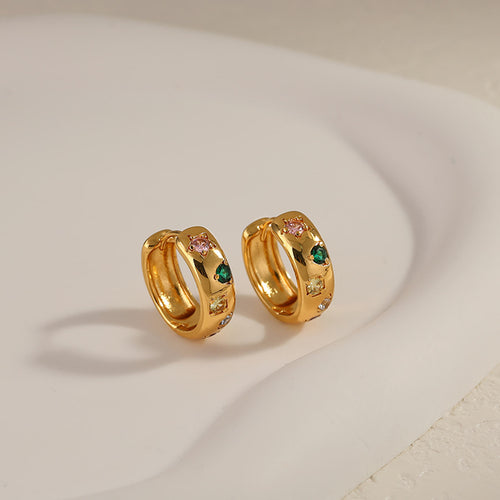 Petite Gold Hoop Earrings Colorful Crystal Earrings Hoop with Gold Plated Pin