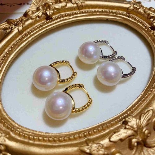 14mm Elegant Pearl Earrings Handmade Twist Hoop Pearl Drop Earrings with Silver Pin