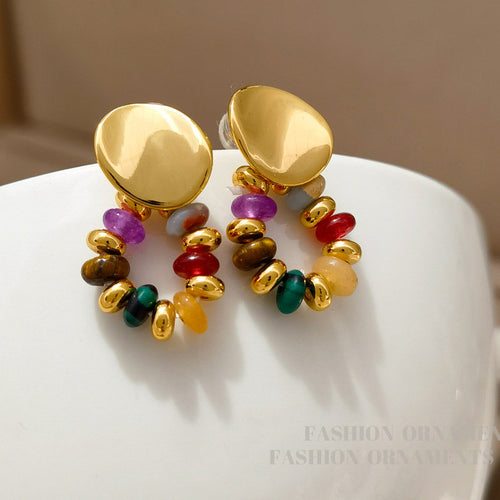 Colorful Stone Beads Earrings 925 Sterling Silver Vintage Copper Plated with 14K Gold Nature for Women