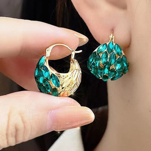 Boucles d'oreilles créoles en cristal, grandes boucles d'oreilles épaisses vertes malachites avec broche en argent S925