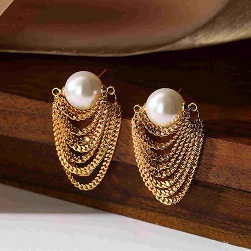 Gold Tassel 16mm Pearl Earrings French Style Tassel Drop Earrings with Silver Pin