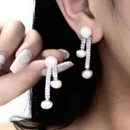 Pendientes de perlas de 2 líneas Pendientes colgantes de perlas con pasador de plata