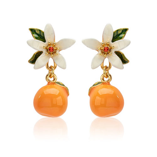 Pendientes de esmalte de flores de azahar Pendientes colgantes de color naranja con alfileres de plata S925