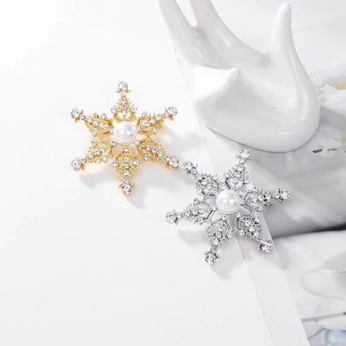 Snowflake Brooch Crystal and Pearl Christmas Brooch Pin Gold and Silver Snow Brooches