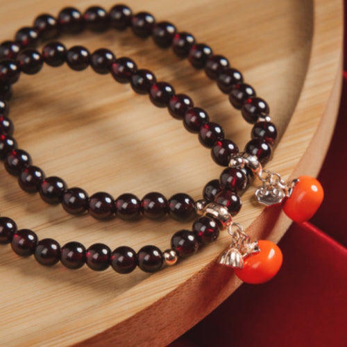 Real Garnet Bracelet | Natural Claret Stone Bracelet | Power Gemstone Elastic Rope Bracelet with Persimmon Pendant