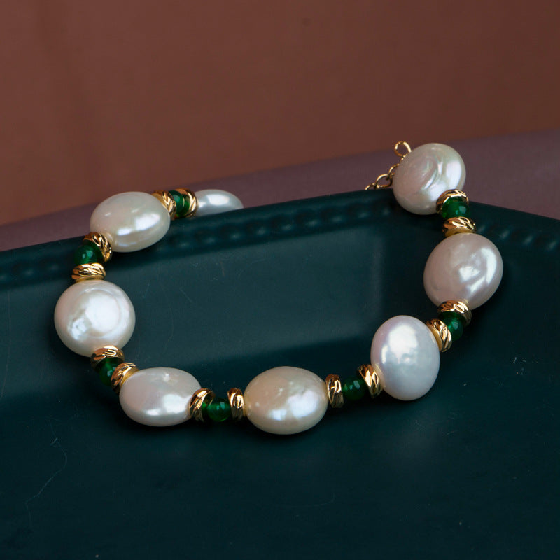 10-11mm Natural Baroque Pearl Bracelet with Green Jade Charm 14k Gold ...