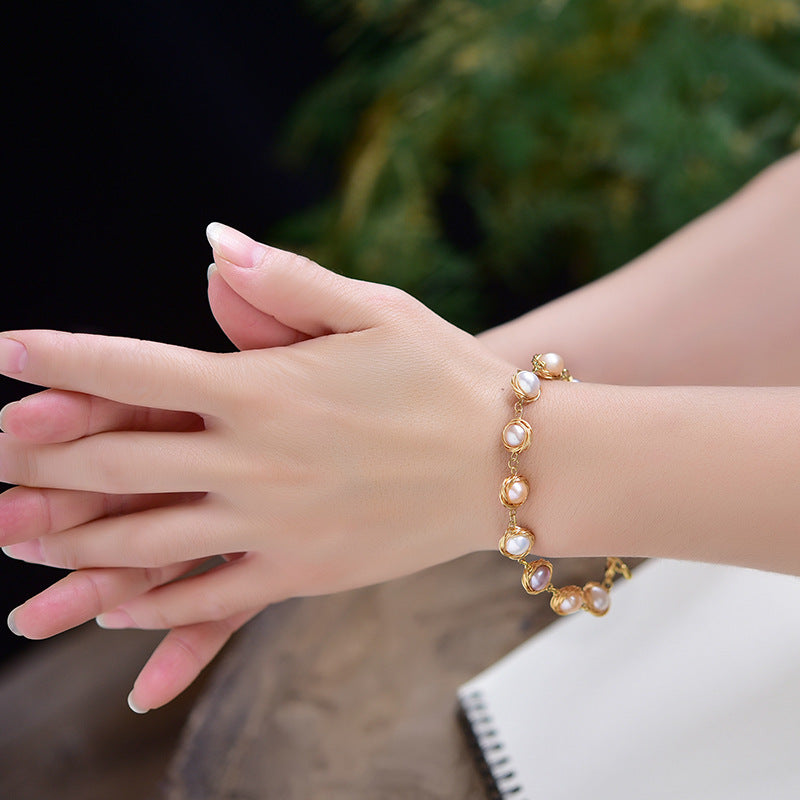 Pink Freshwater Pearl and Garnet Bracelet in Gold by J'Adorn Designs