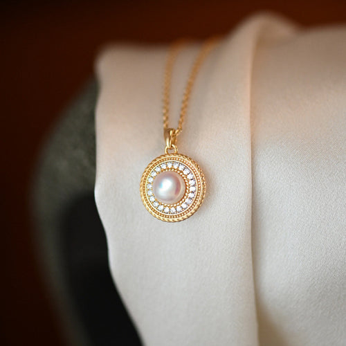 8mm Pearl Necklace | Vintage Style Gold Clavicle Chain | Pearl Pendant in 18K Gold Plated