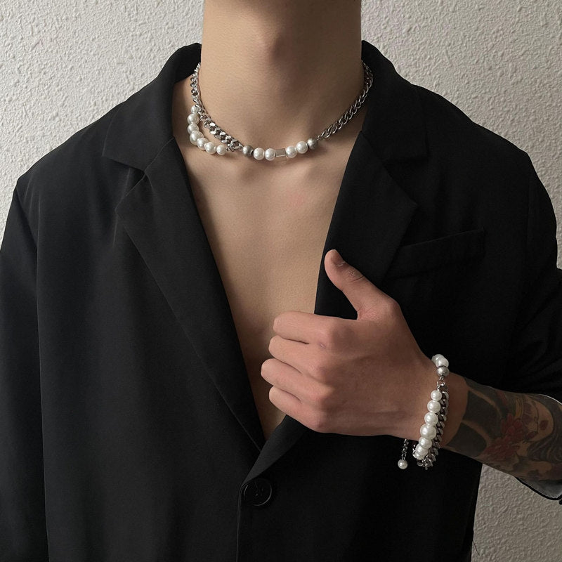 Mens Pearl Necklace and Bracelet | Mens Cuban Link Chain | Mens